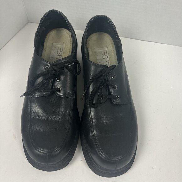 ESprit 7.5 Black Lace Up Oxford Chunky Shoes 90s Y2K Leather School Girl CLAY - Picture 2 of 10